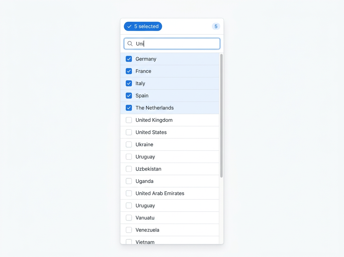 Search Console multi-country filter dialog with five countries checked