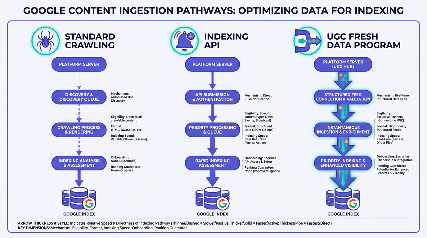 Architecture diagram comparing standard crawling, Indexing API, and UGC Fresh Data Program pathways to Google's index