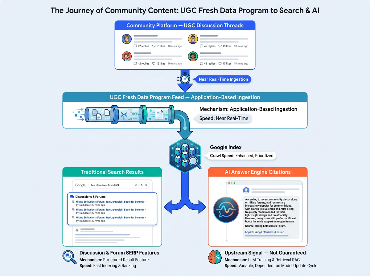 UGC Fresh Data Program flow diagram from community threads to Google Search and AI citations