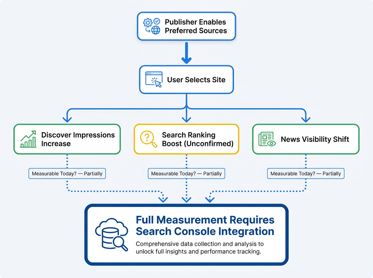 Flowchart showing preferred sources subscriber count impact measurement path to Search Console