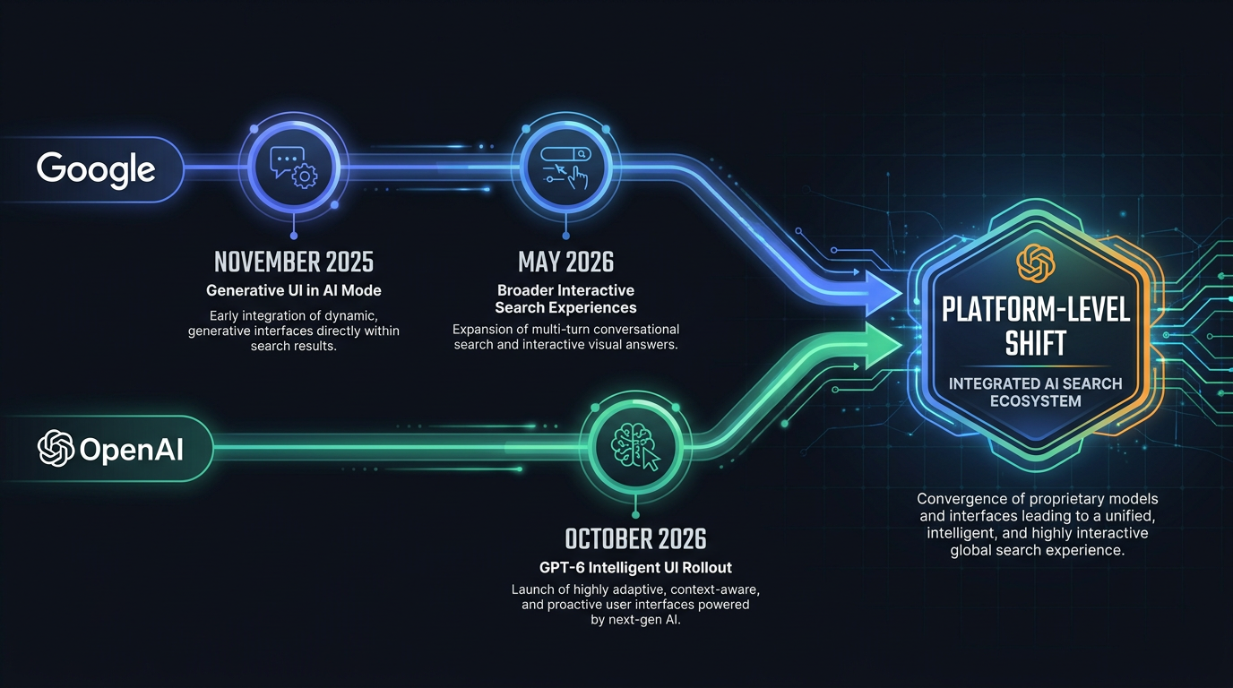 Timeline showing GPT-6 intelligent UI and Google generative UI milestones converging