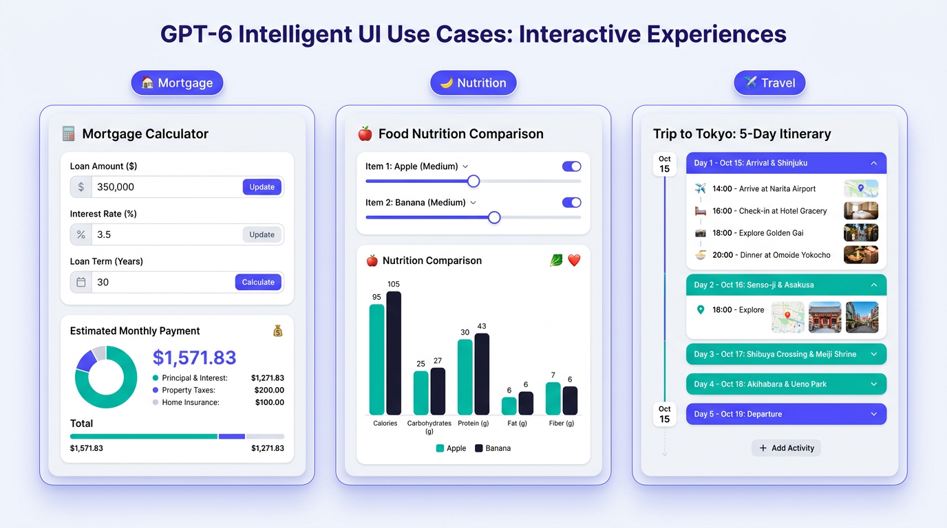 GPT-6 intelligent UI scenarios for mortgage, nutrition, and travel queries