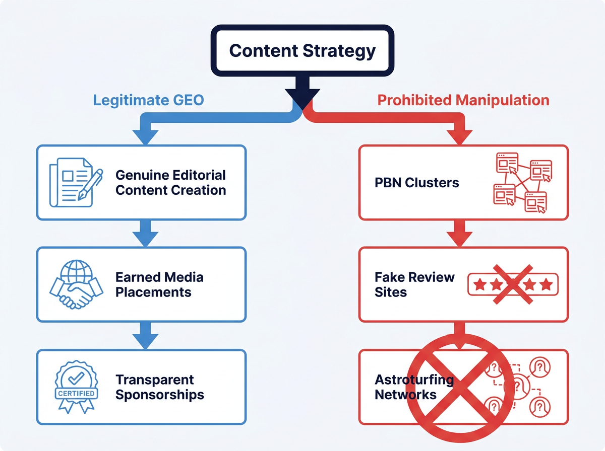 Flowchart diagram comparing legitimate GEO tactics versus Anthropic's prohibited AI search manipulation methods