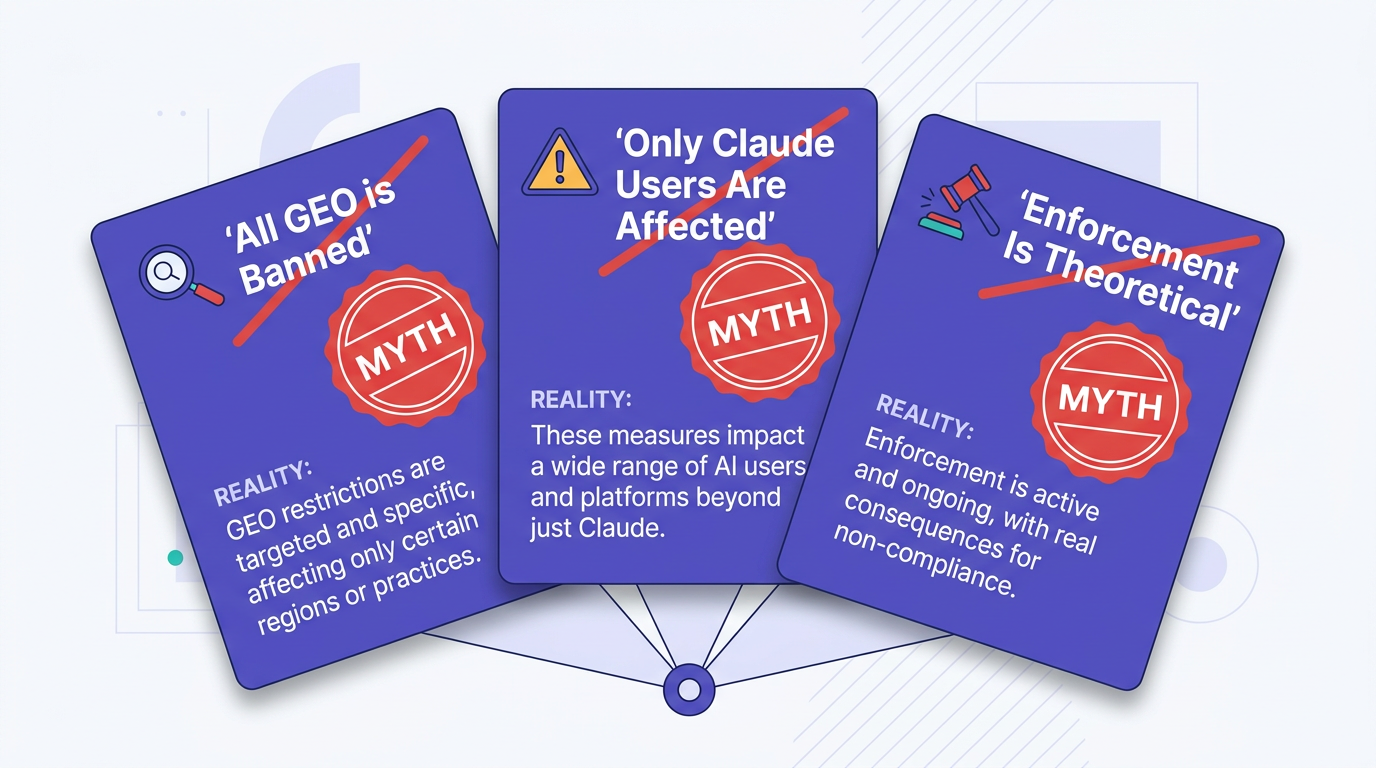 Three myth-busting cards debunking Anthropic AI search manipulation policy misconceptions