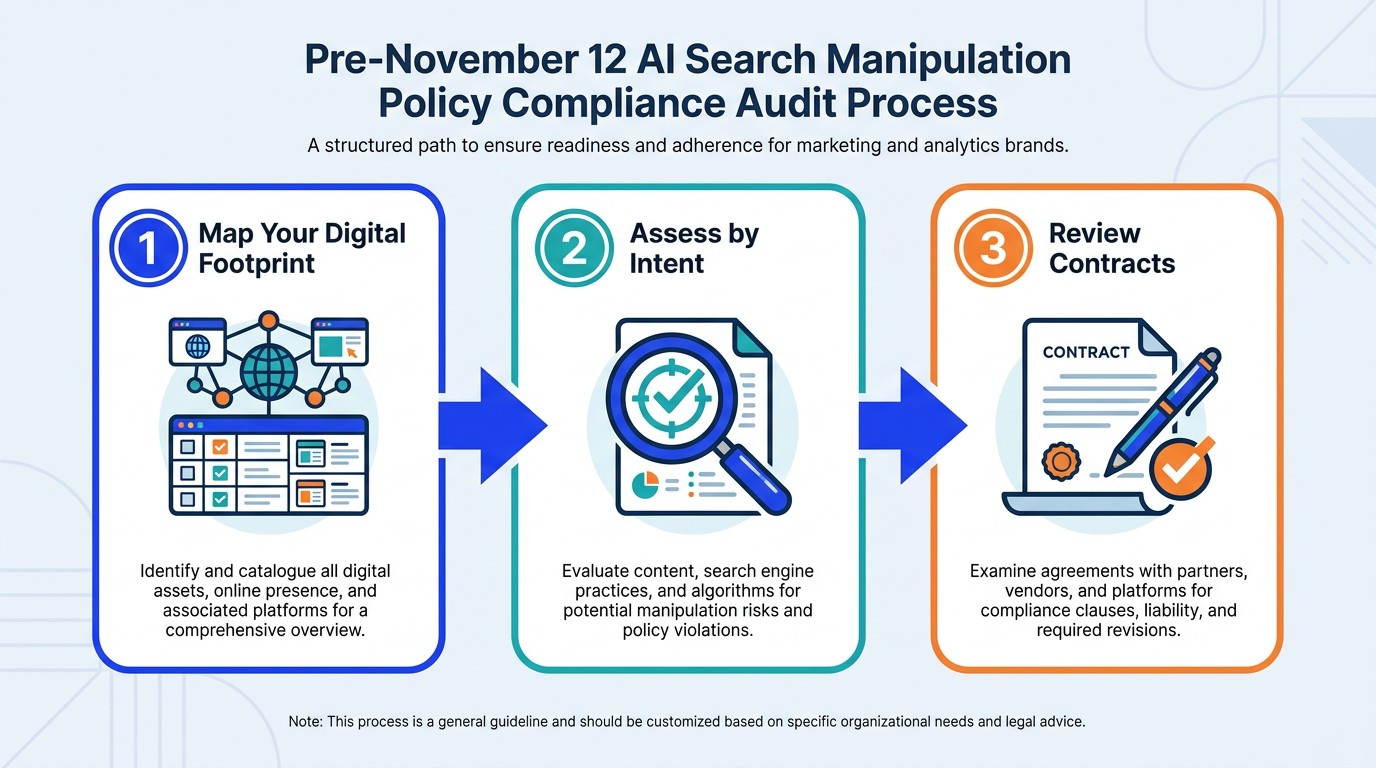 Three-step audit infographic for Anthropic usage policy AI search manipulation compliance
