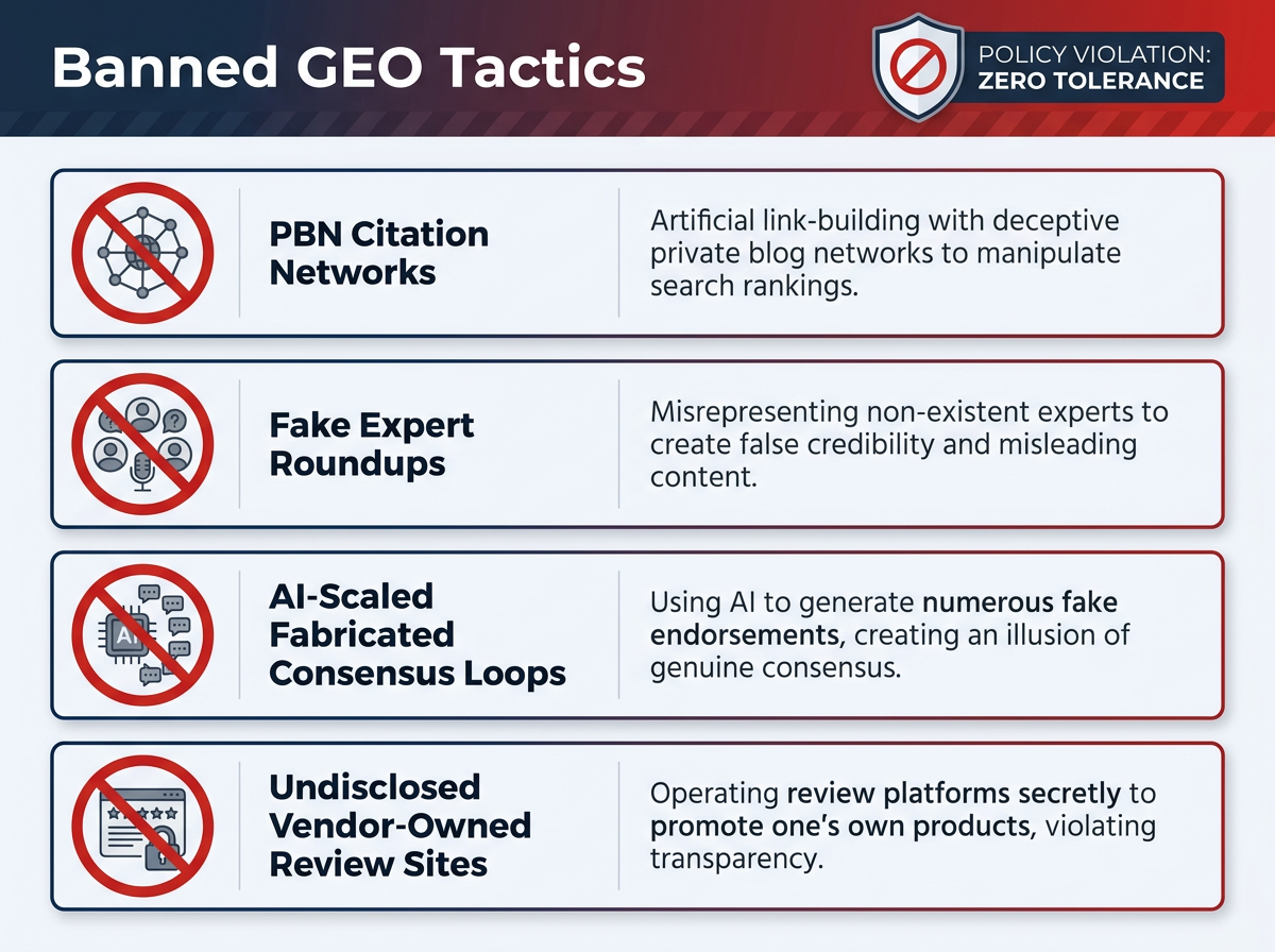 Infographic listing four GEO tactics banned under Anthropic's AI usage policy