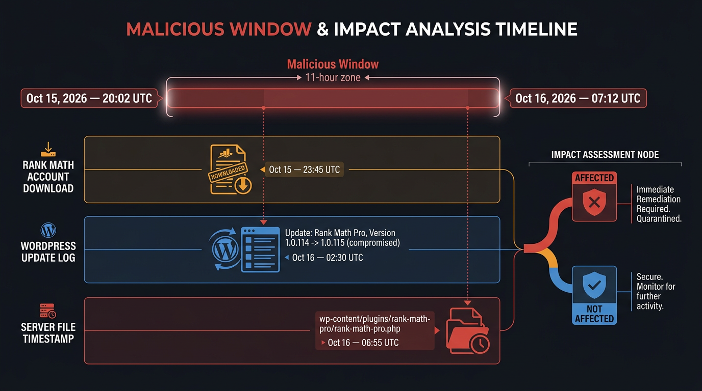 Rank Math PRO malware UTC download window timeline infographic