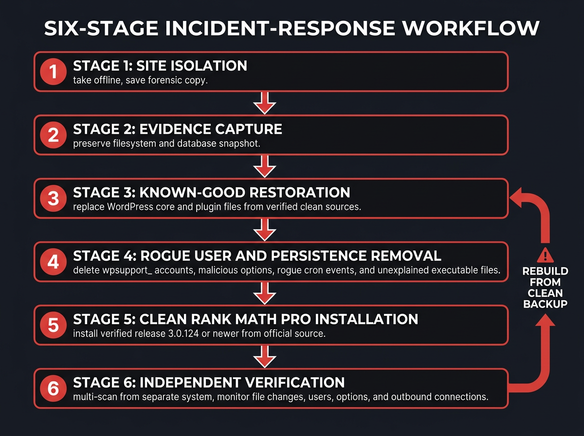 Six-stage rank math pro malware cleanup flowchart with verification loop