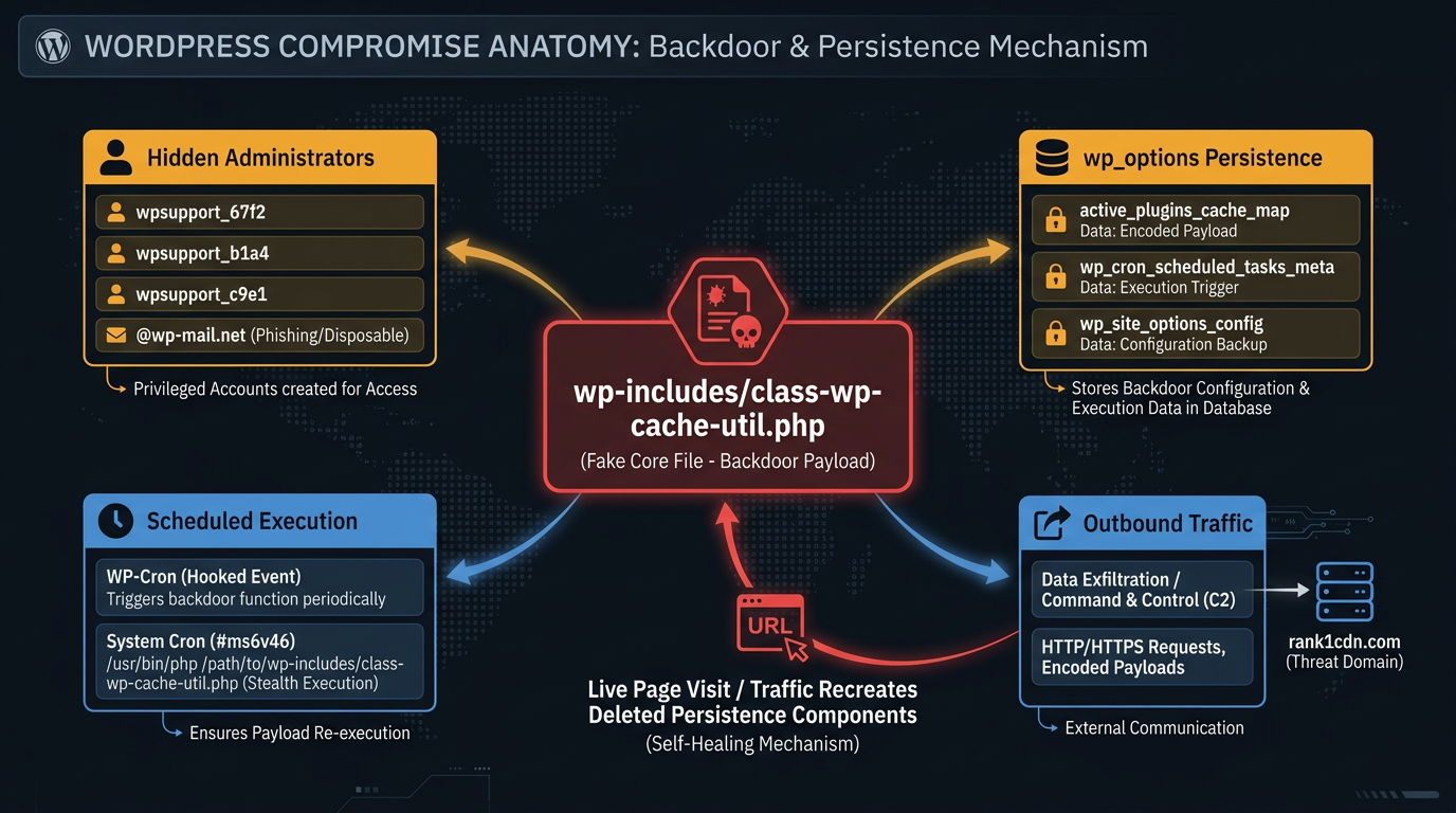 Architecture diagram of rank math pro malware persistence across WordPress filesystem and database