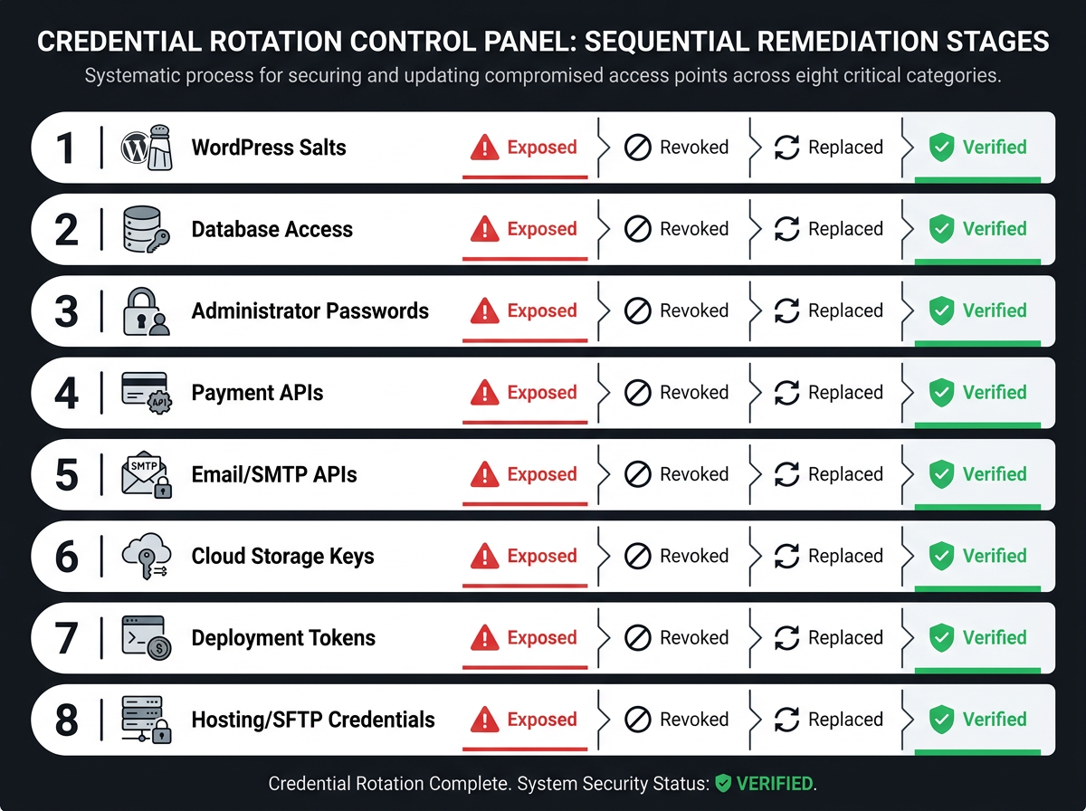 Credential rotation steps infographic for rank math pro malware cleanup