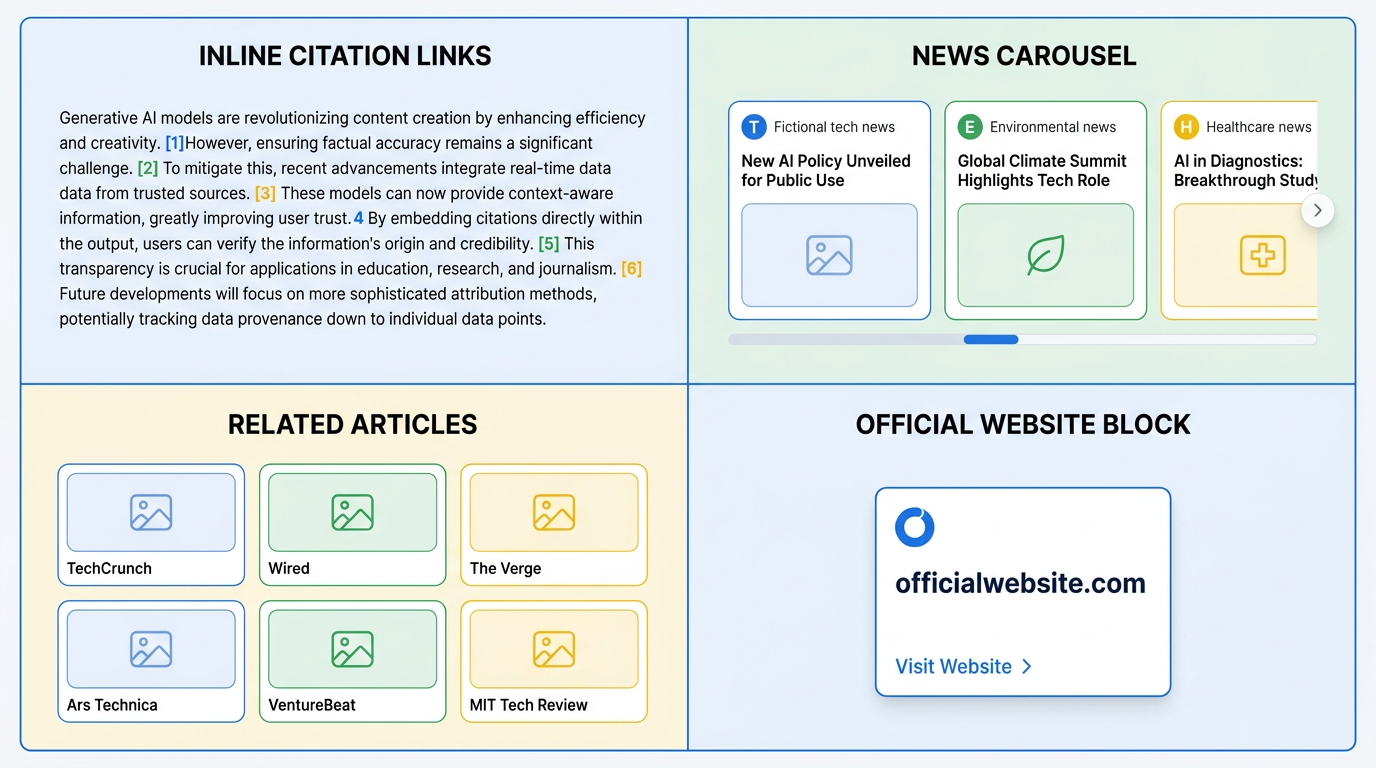 Four-quadrant diagram of Google AI Mode October update components including inline links, news carousel, related articles, and official website blocks