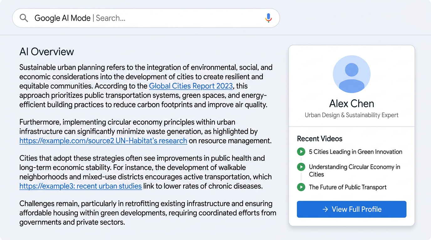 AI Mode search result showing inline citation links and creator Search Profile card