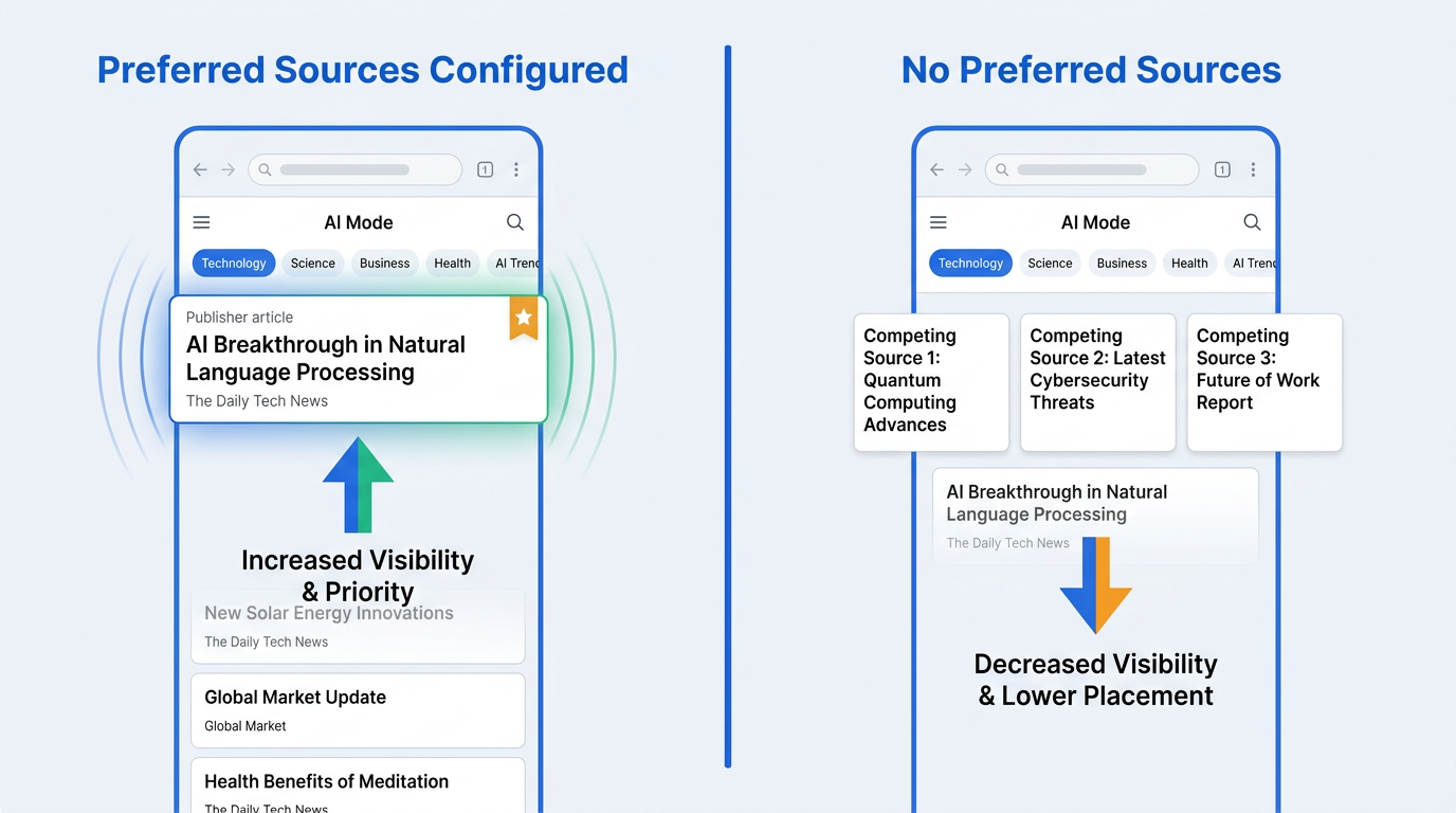Comparison illustration of AI Mode news carousel with and without Preferred Sources configured