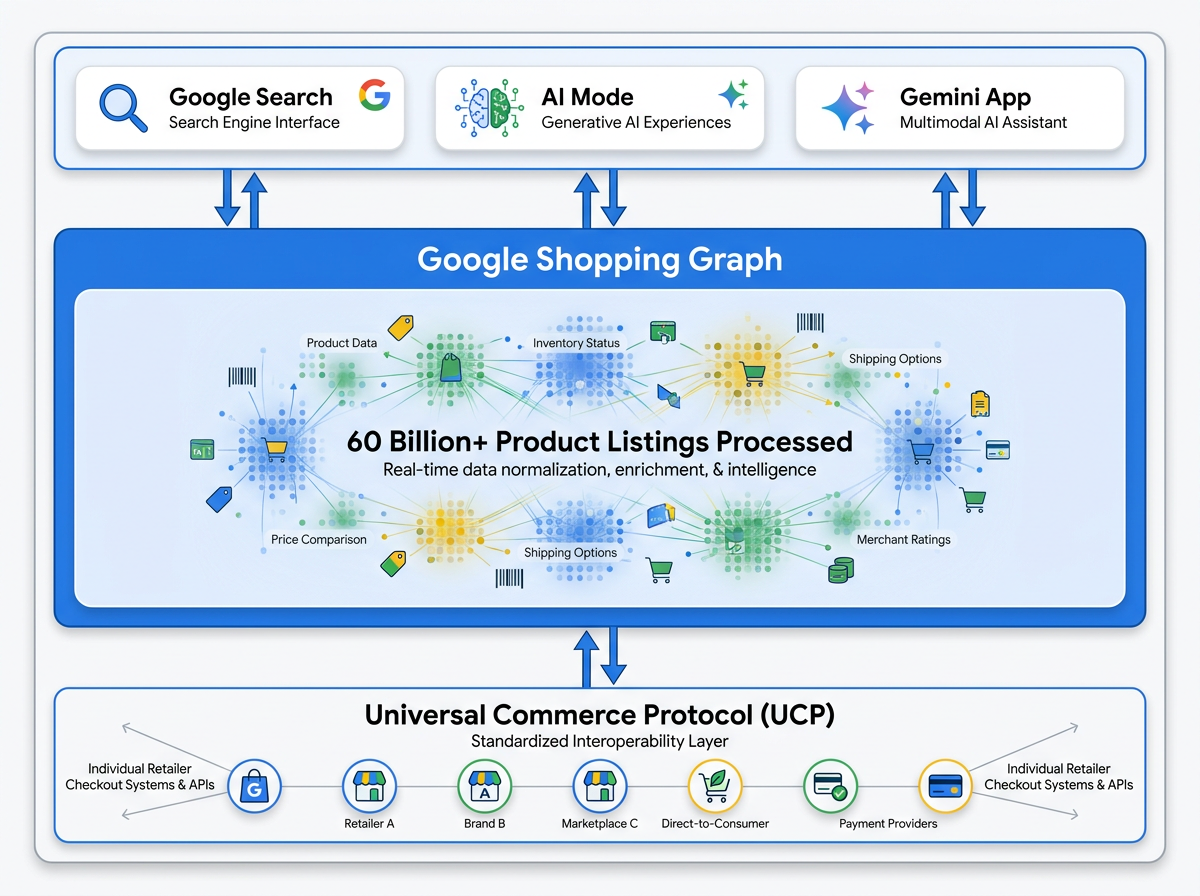 Google Universal Cart architecture diagram showing Shopping Graph and UCP layers