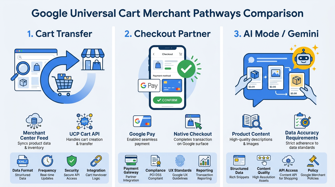 Three Google Universal Cart merchant pathways: cart transfer, checkout partner, and AI mode