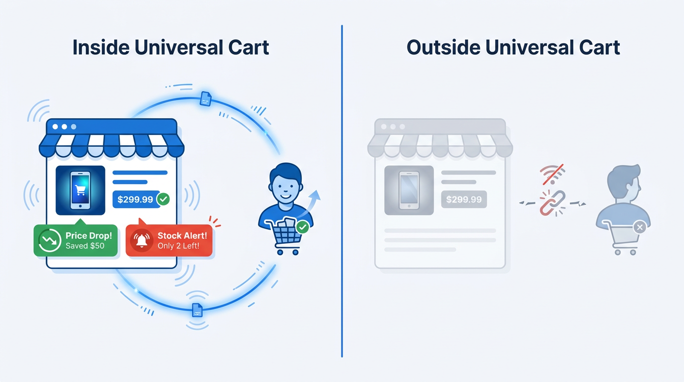 Comparison of merchant visibility inside vs outside Google Universal Cart during holiday shopping