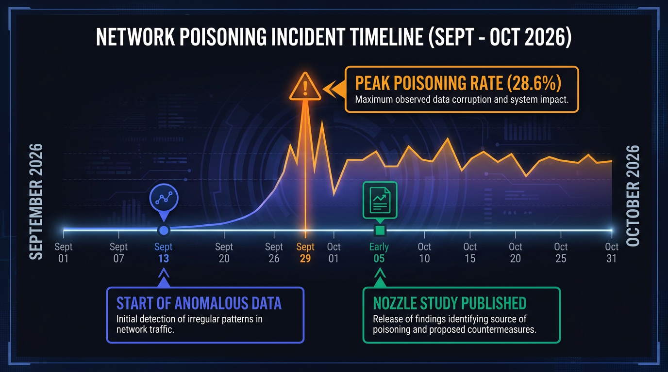Timeline infographic showing poisoned SERPs spike to 28.6% on September 29 2026