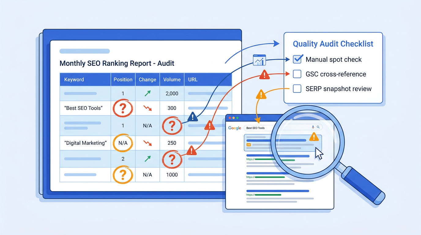 SEO report audit process highlighting poisoned SERP data verification steps