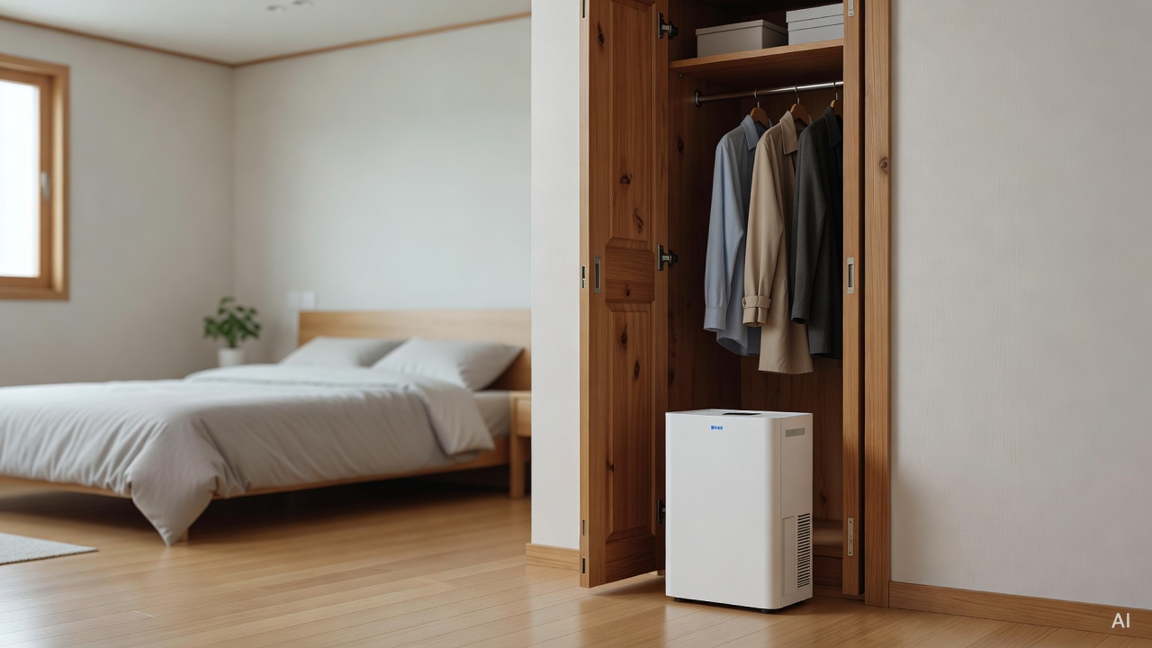 electric dehumidifier placed in a bedroom next to a half-open wooden closet