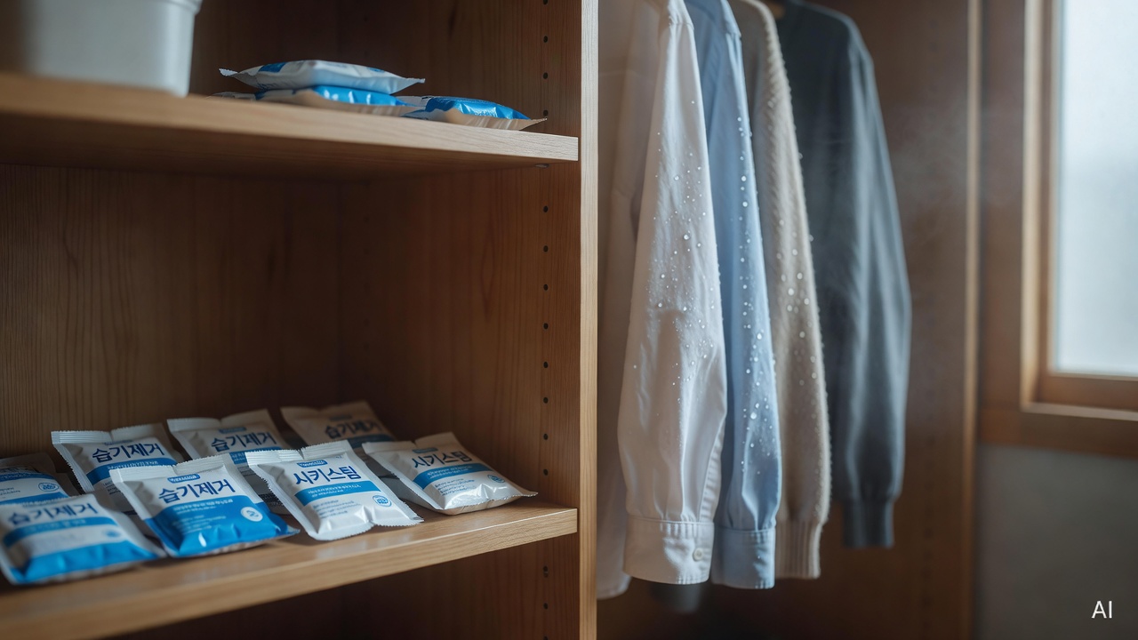 closet interior with moisture absorber packets placed on wooden shelves, visible condensation on clothes