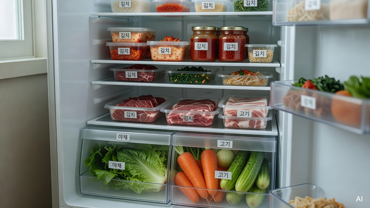 organized refrigerator interior showing labeled food sections with vegetables in the crisper drawer and meat on the lower shelf