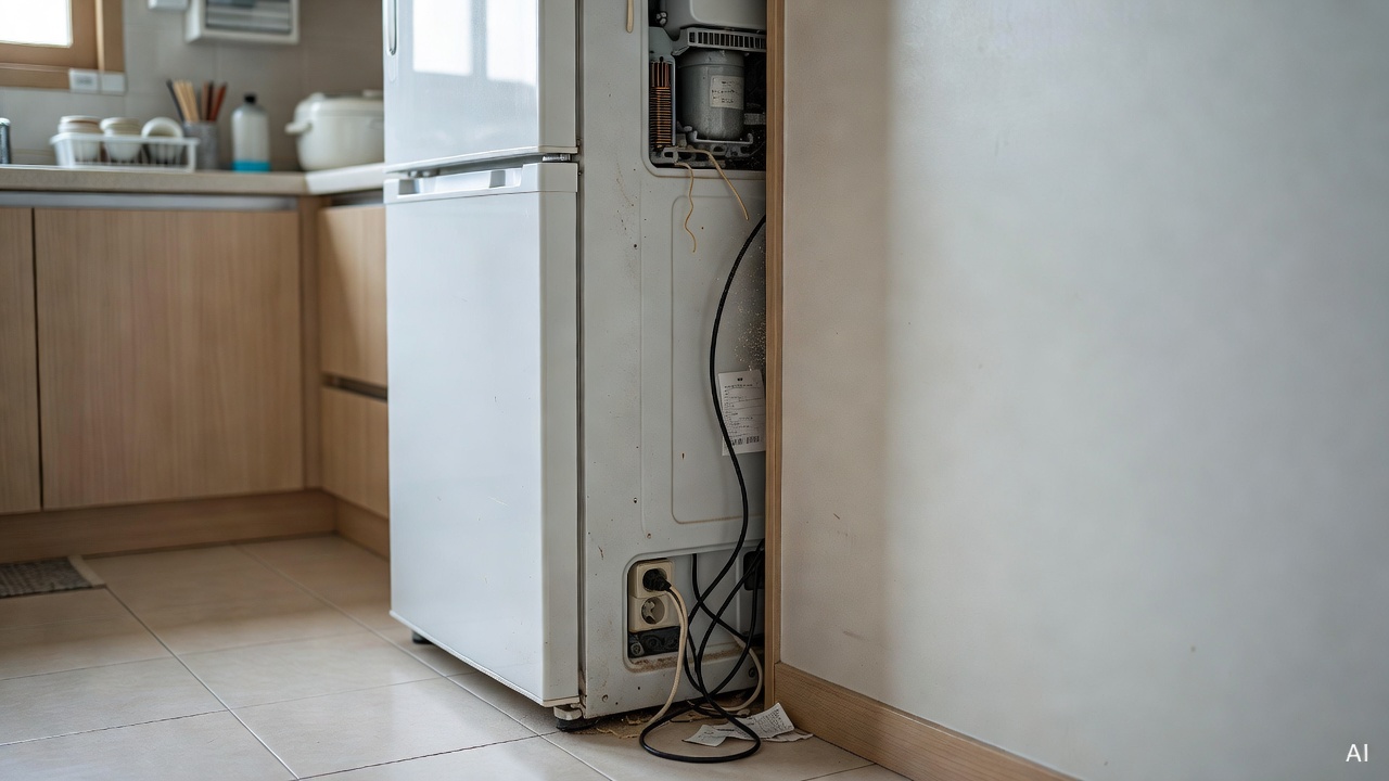 back of a refrigerator showing a gap between the wall and the appliance in a home kitchen