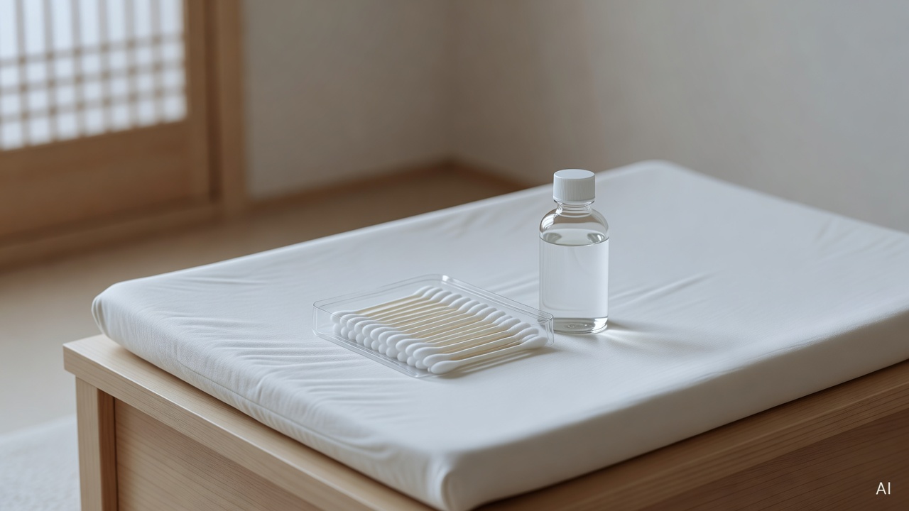 clean cotton swabs and small bottle of rubbing alcohol on a white baby changing mat