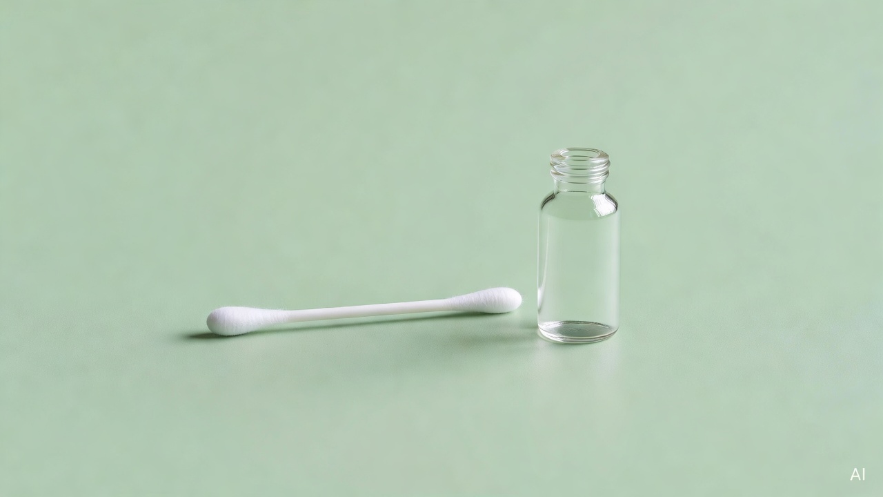 close-up of a white cotton swab next to a small glass bottle on a pastel green background