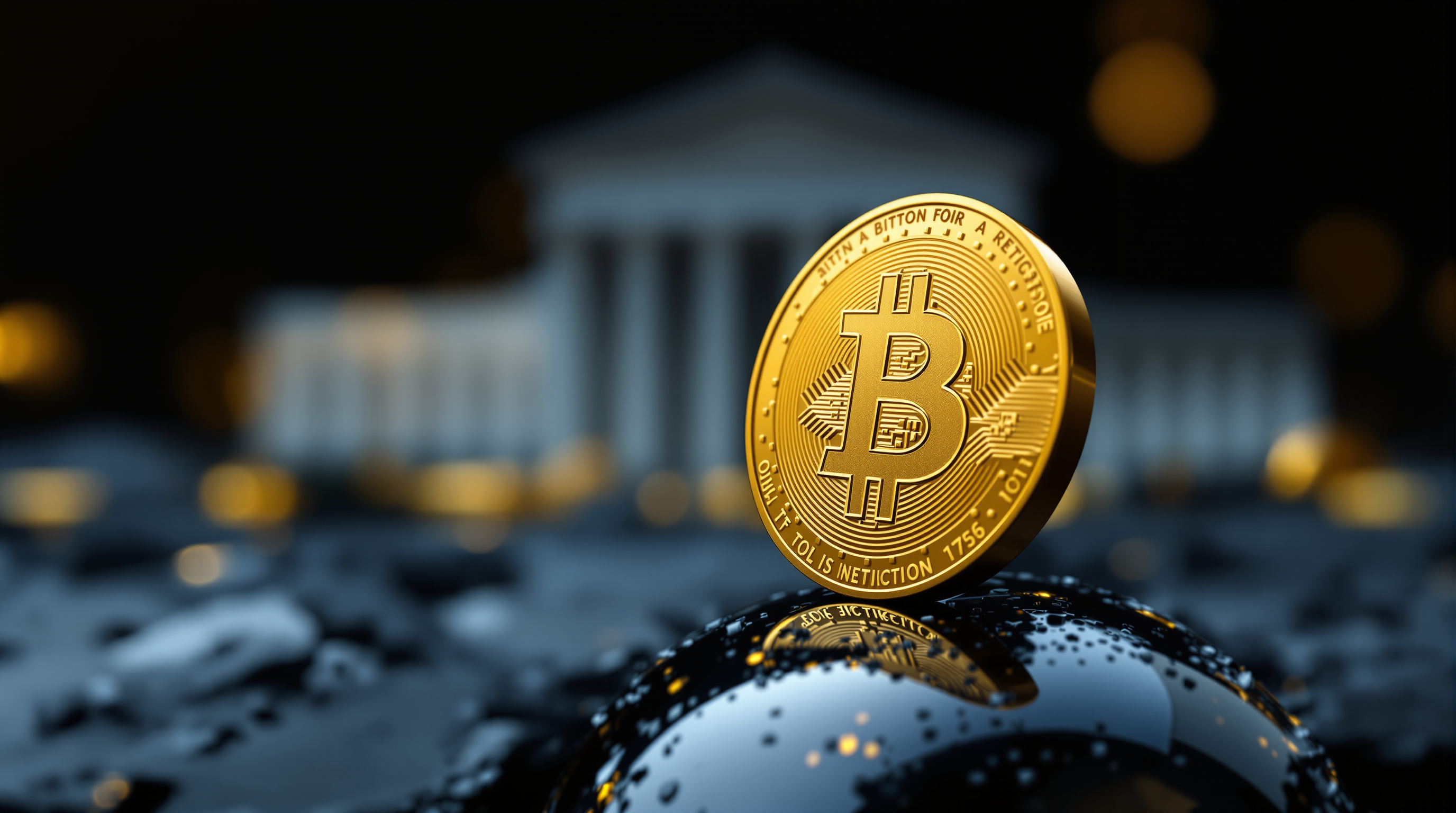matte gold abstract coin resting on a glossy black oil globe, with a blurred monolithic column in the distance — editorial cover artwork for the Knightron story on Bitcoin Holds $79,800 As Oil Retreats, Fed Decision Looms