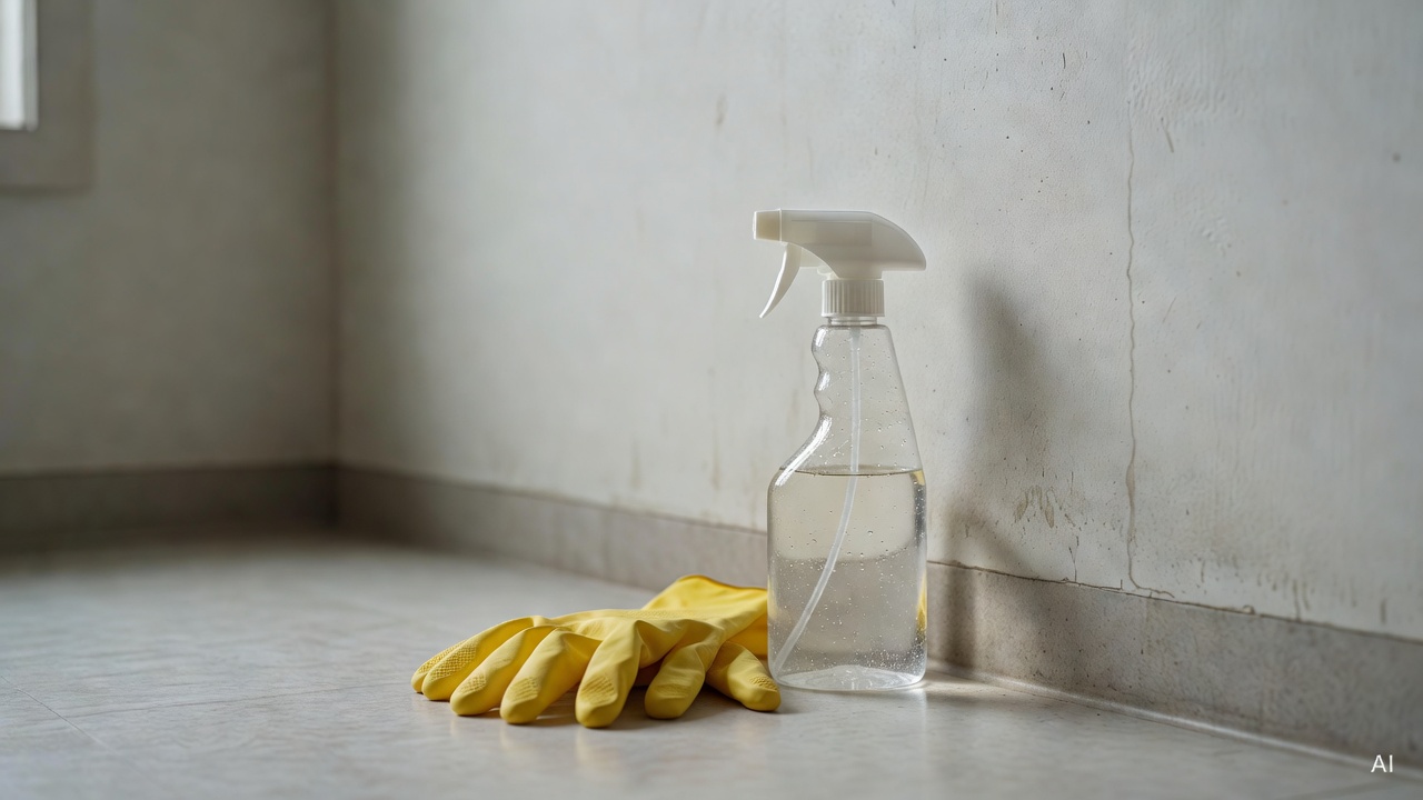 spray bottle and rubber gloves placed next to a damp wall corner in a home