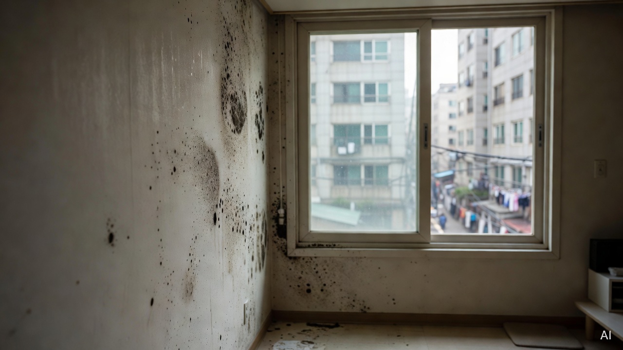moldy wall surface with visible black spots near a window in a Korean apartment room