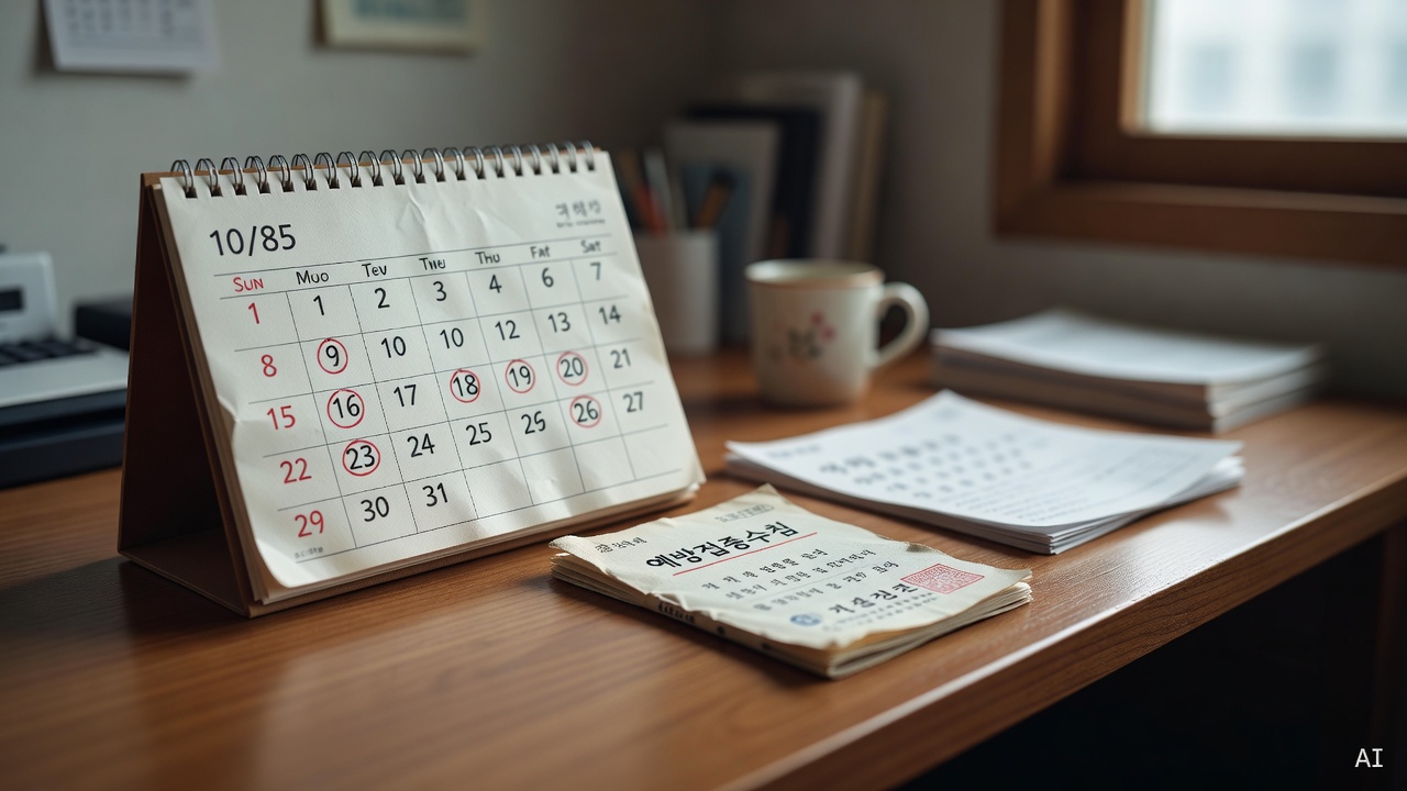 calendar with October dates circled on a wooden desk, vaccination booklet nearby
