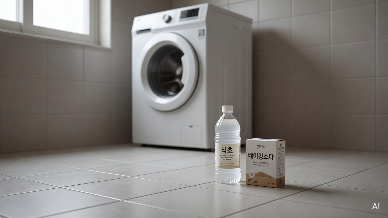 white vinegar bottle and baking soda beside a washing machine on a tiled bathroom floor