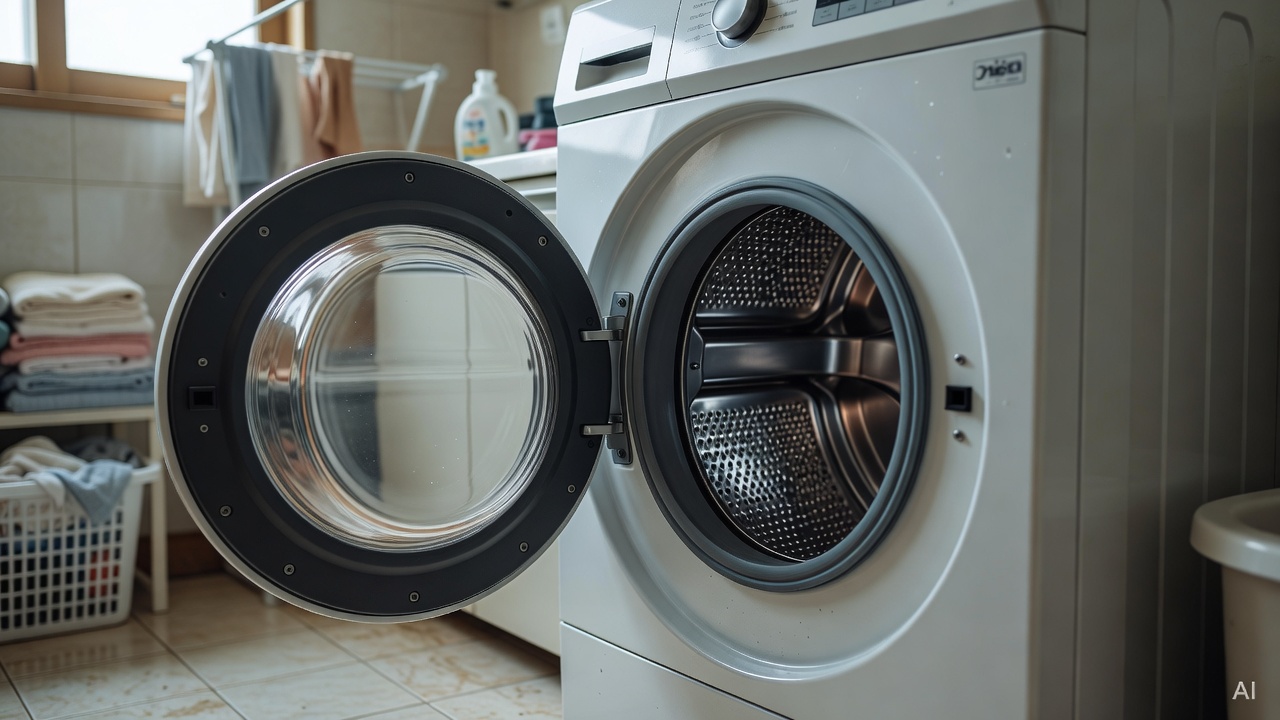 drum washing machine door open with visible rubber gasket and drum interior, in a laundry room