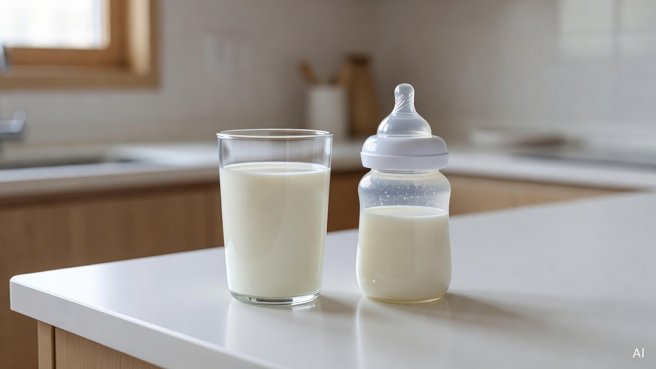 glass of whole milk next to a baby bottle on a white kitchen counter