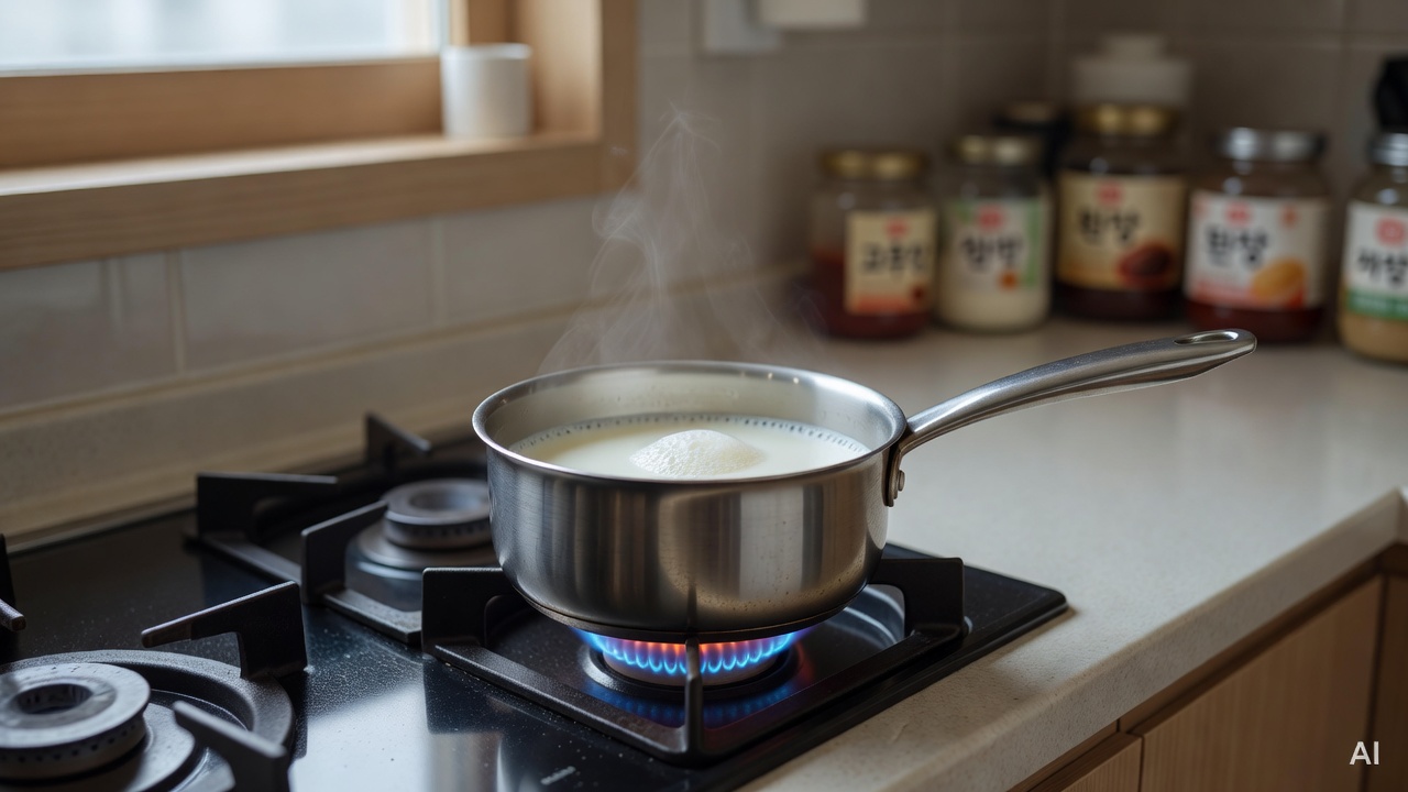 small saucepan warming milk on a gas stove in a home kitchen
