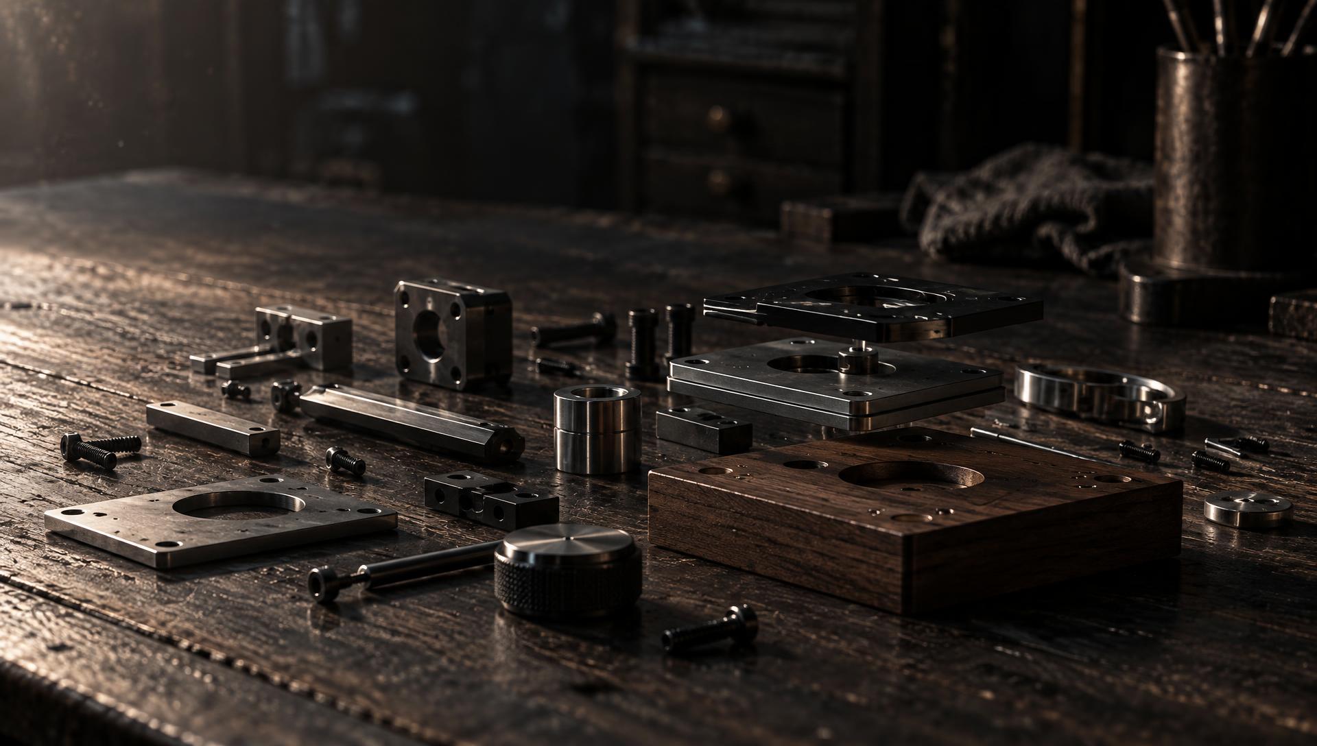 Machined steel parts and a walnut base lie scattered on a dark workbench, then assemble into one precise structure.