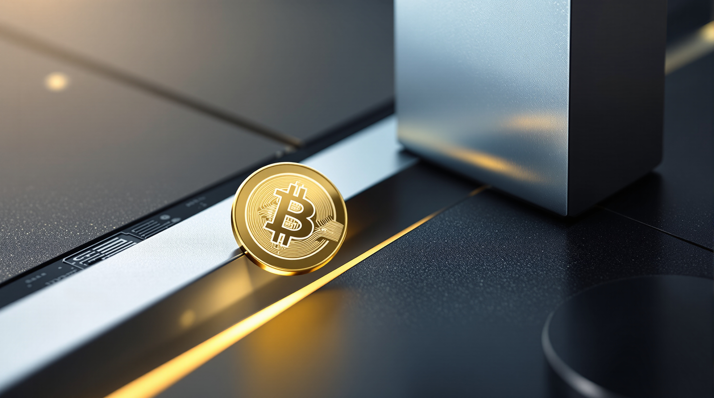 a single gold stablecoin token with a subtle ripple surface pattern; a matte dark bitcoin disk; an abstract silver‑blue ledger monolith and a polished — editorial cover artwork for the Knightron story on Ripple’S RLUSD Lands On Coinbase As Bitcoin Slips; DTCC Push