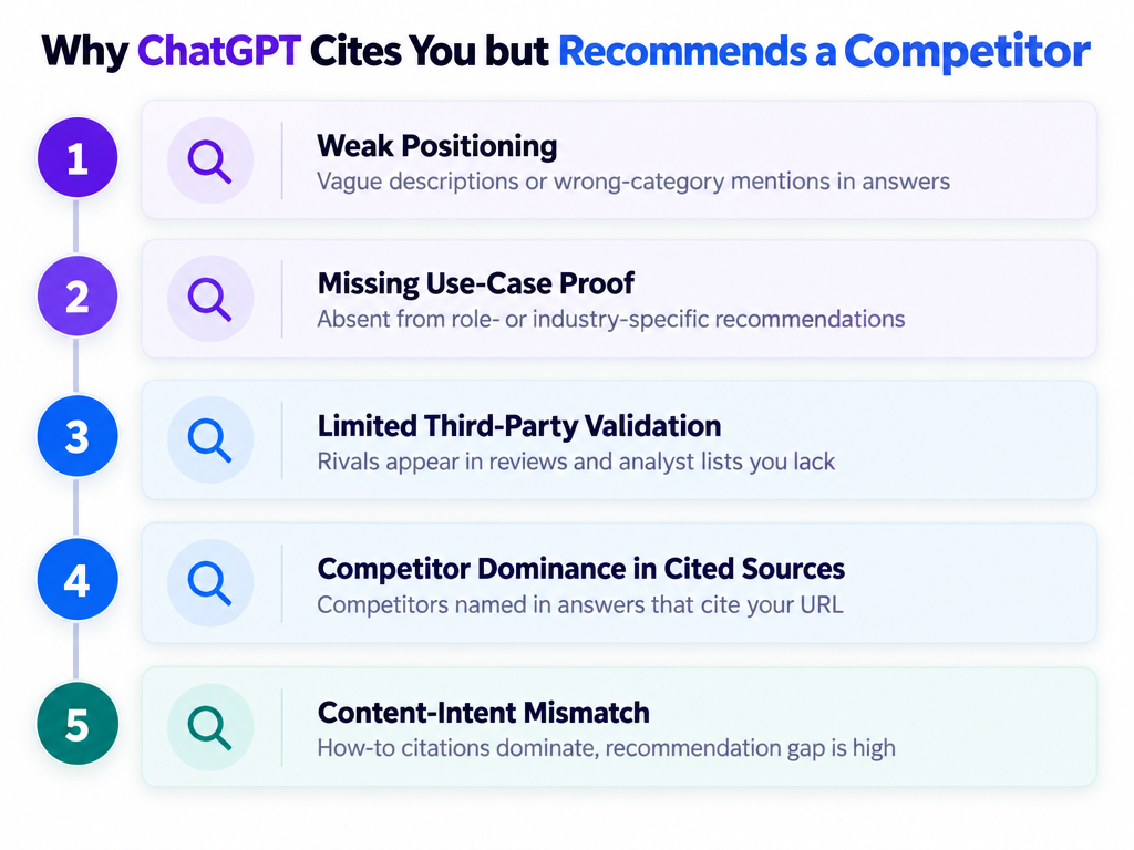 Five hypotheses for why ChatGPT cites a brand but recommends competitors, with audit signals