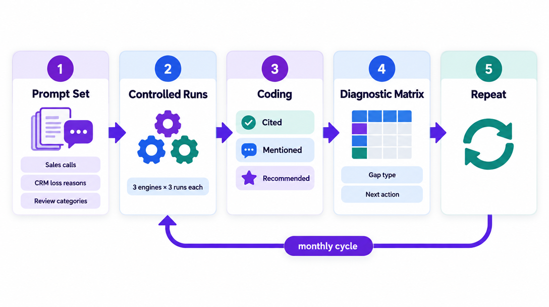 AI search brand visibility audit workflow from prompt set to diagnostic matrix and monthly repeat