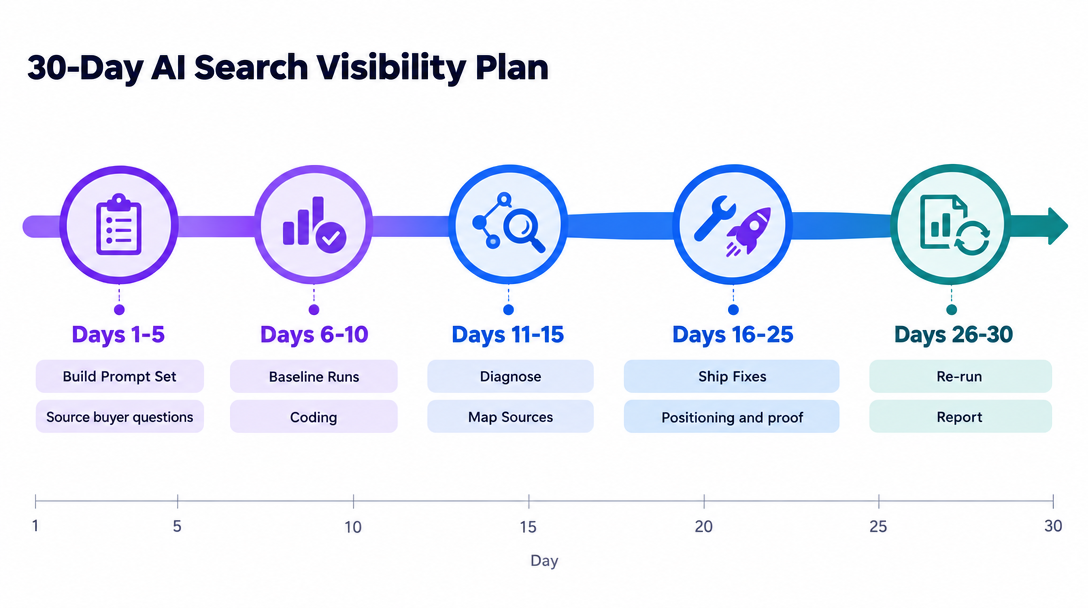 30-day AI search brand visibility plan timeline with five milestones