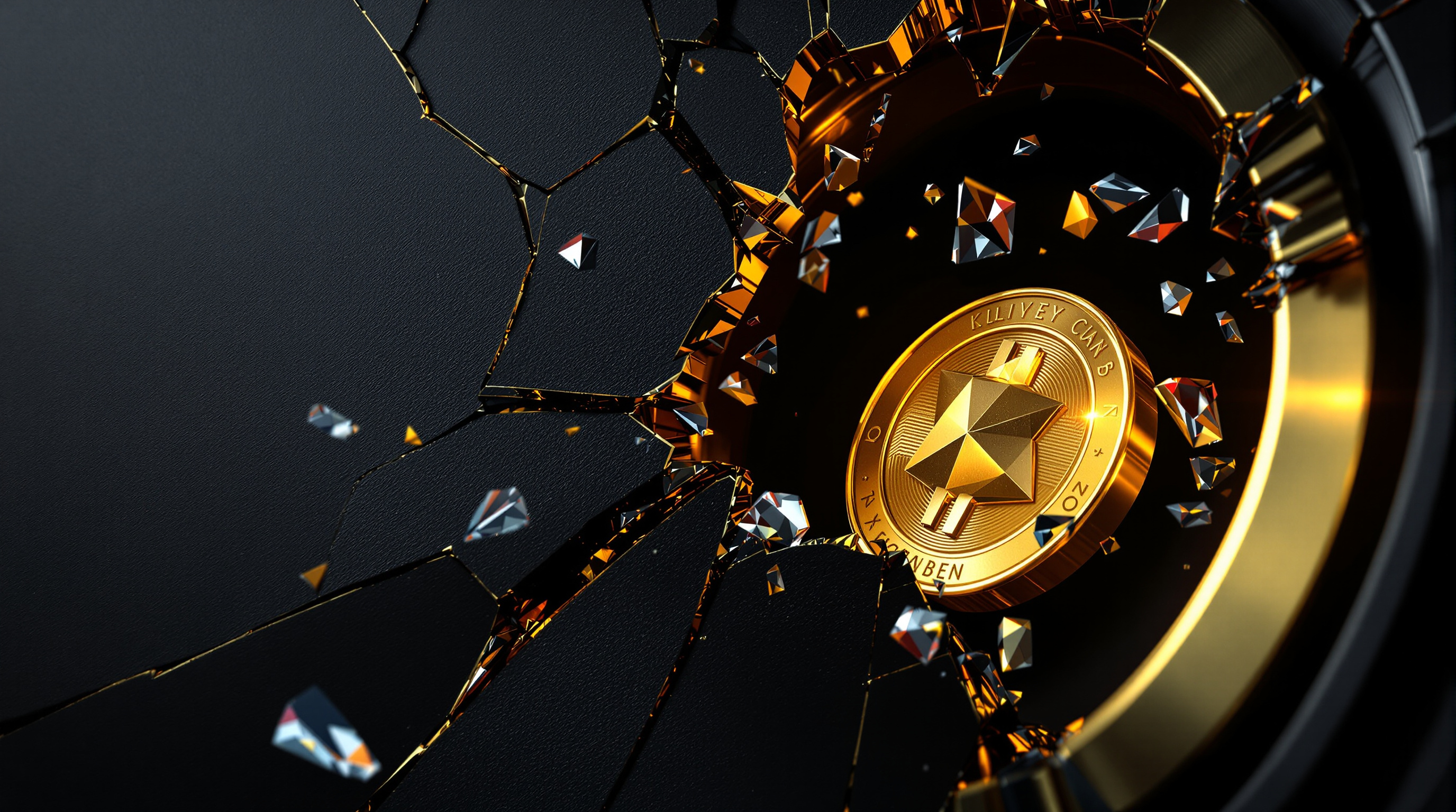 a single non-branded gold digital currency token and a cracked matte-black exchange vault door with suspended glass shards — editorial cover artwork for the Knightron story on Bitcoin Slides 1.8% To $78,484 As Binance Hack Fears Trigger