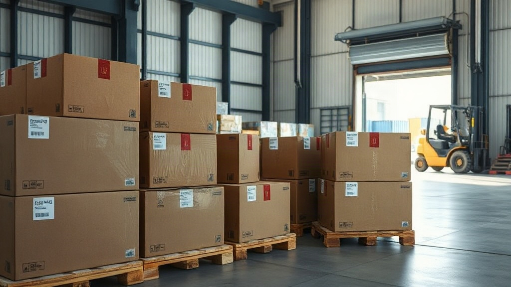Rows of sealed cardboard shipping cartons stacked on wooden pallets inside a modern bonded warehouse, a forklift visible