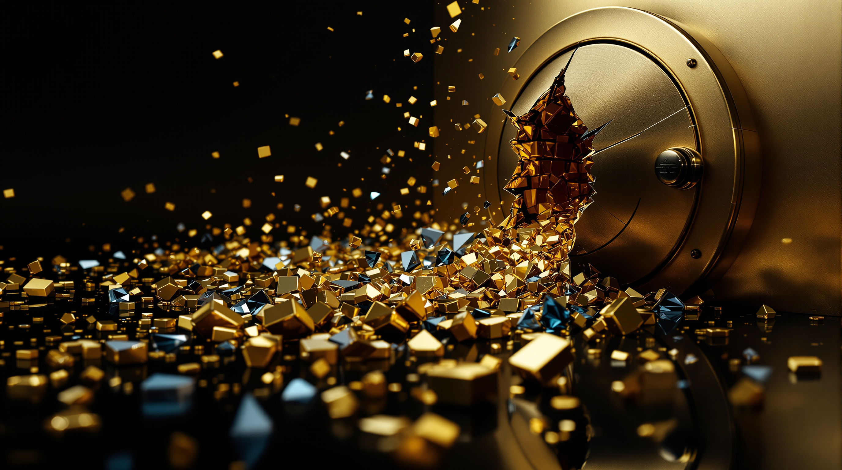 partially shattered matte-gold bank vault door with faceted gold bullion and silver-blue glass shards spilling onto a black reflective floor — editorial cover artwork for the Knightron story on Bitcoin Drops 1.4% To $77,400 As $6.3B Binance Hack Triggers
