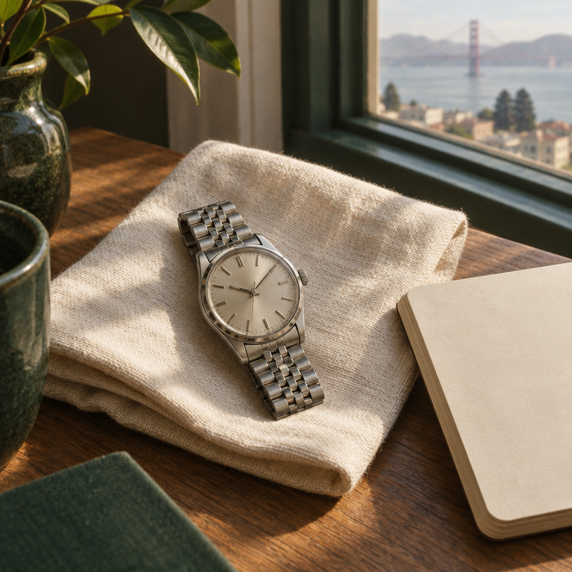 Watch still life on cream linen
