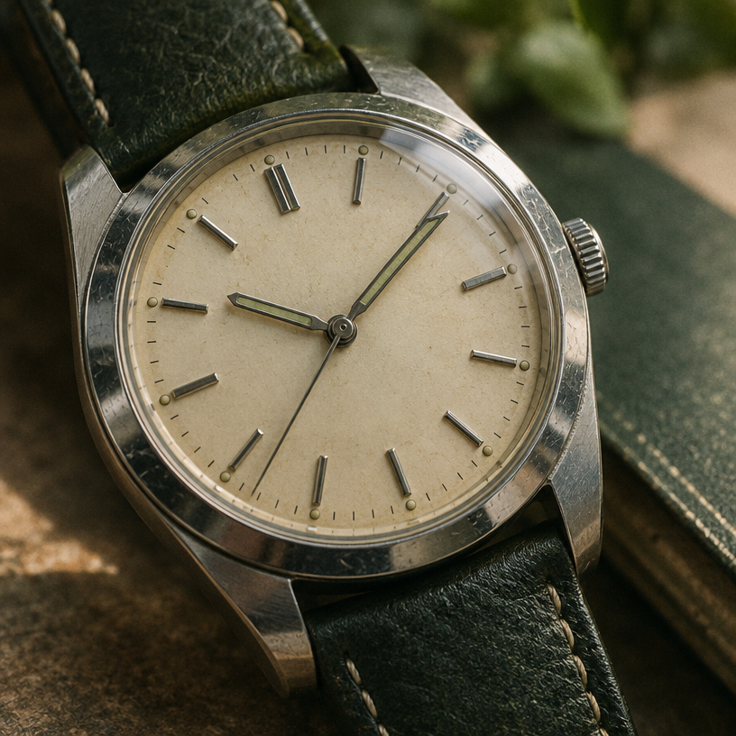 Close-up of a pre-owned watch dial