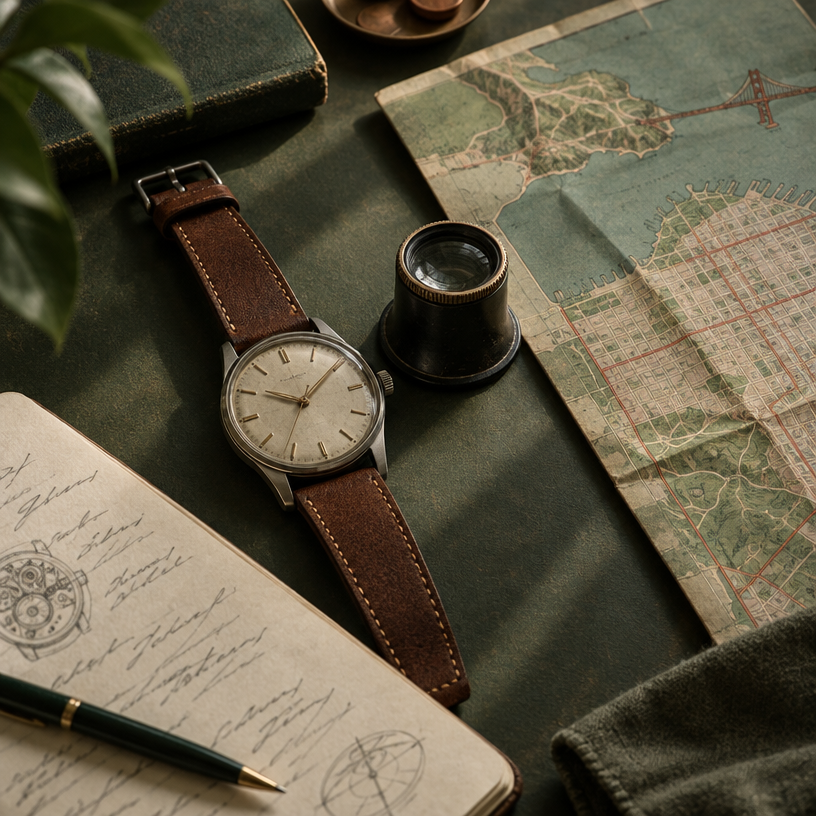Watch beside a loupe and local map