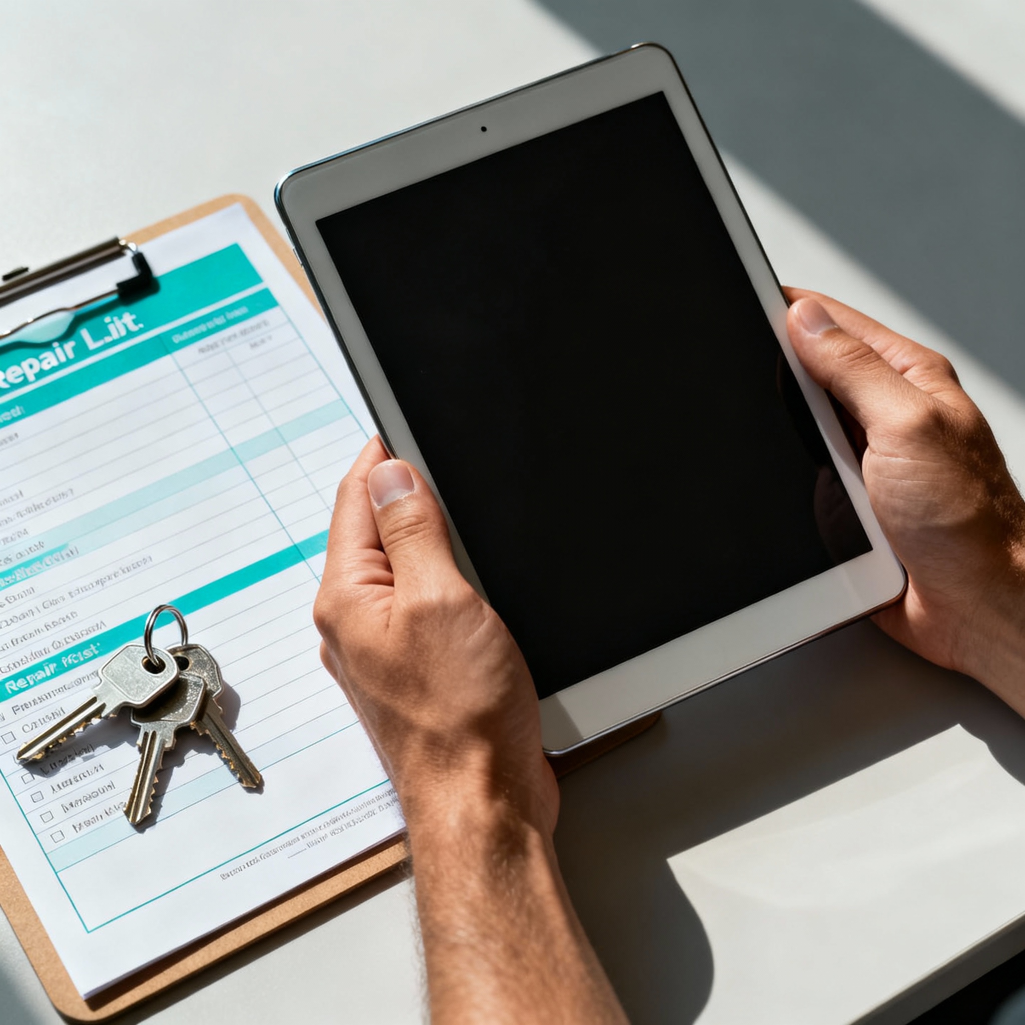 Close-up checklist photo: hands holding a tablet next to a repair list and keys, photorealistic, clean and minimal, warm n...