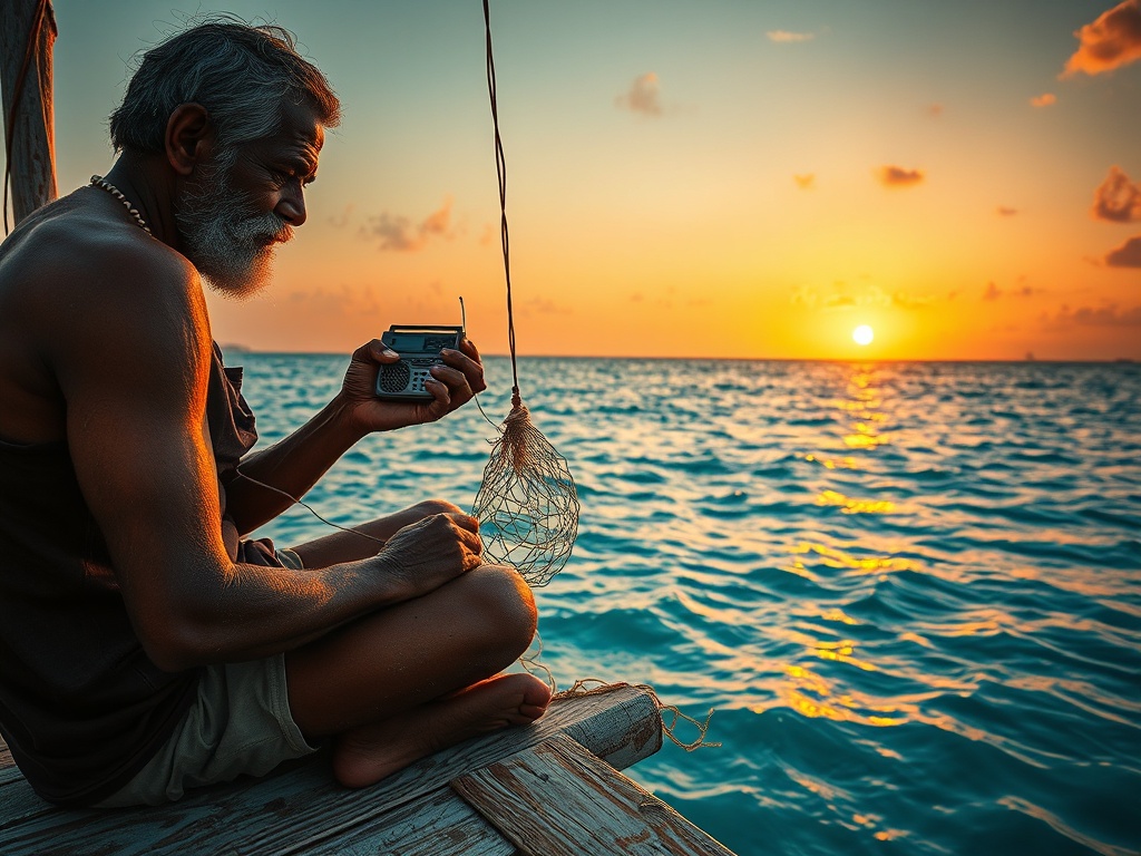 Fisherman Mending Nets as Radio Talks of Distant Rifles