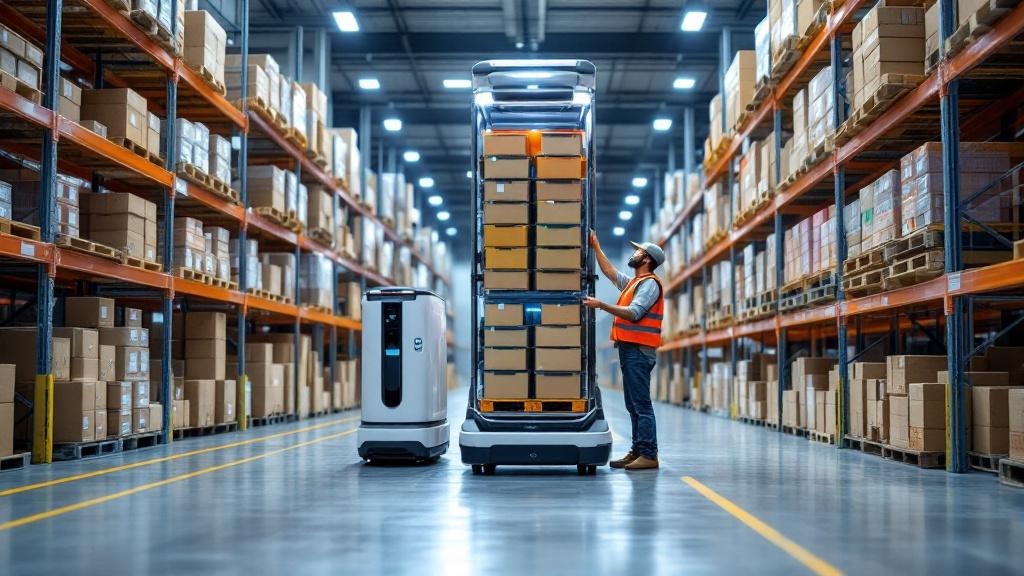 Warehouse worker collaborating with autonomous mobile robot for order picking